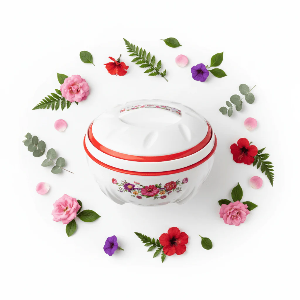 Livon Insulated Hotpot 1000ml | White & Red Floral Design - Image 3