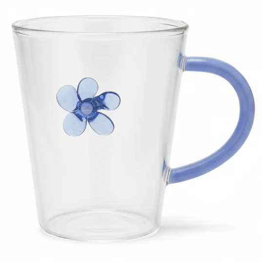 Luhpar Decorative Blue Flower Design Clear Glass Mug with Handle for Gift Purpose 300ml