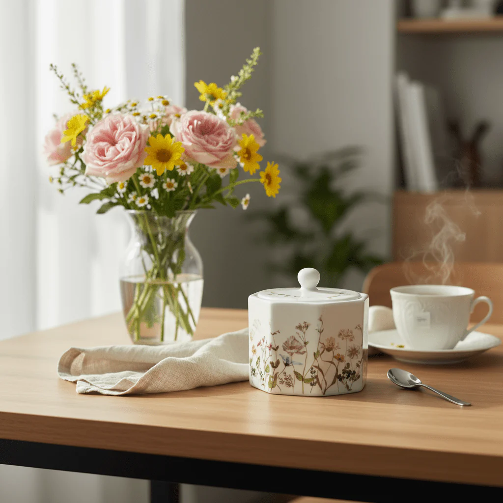 Luhpar Floral Design Ceramic Sugar Pot – 10 oz, White Tabletop Storage Jar - Image 3