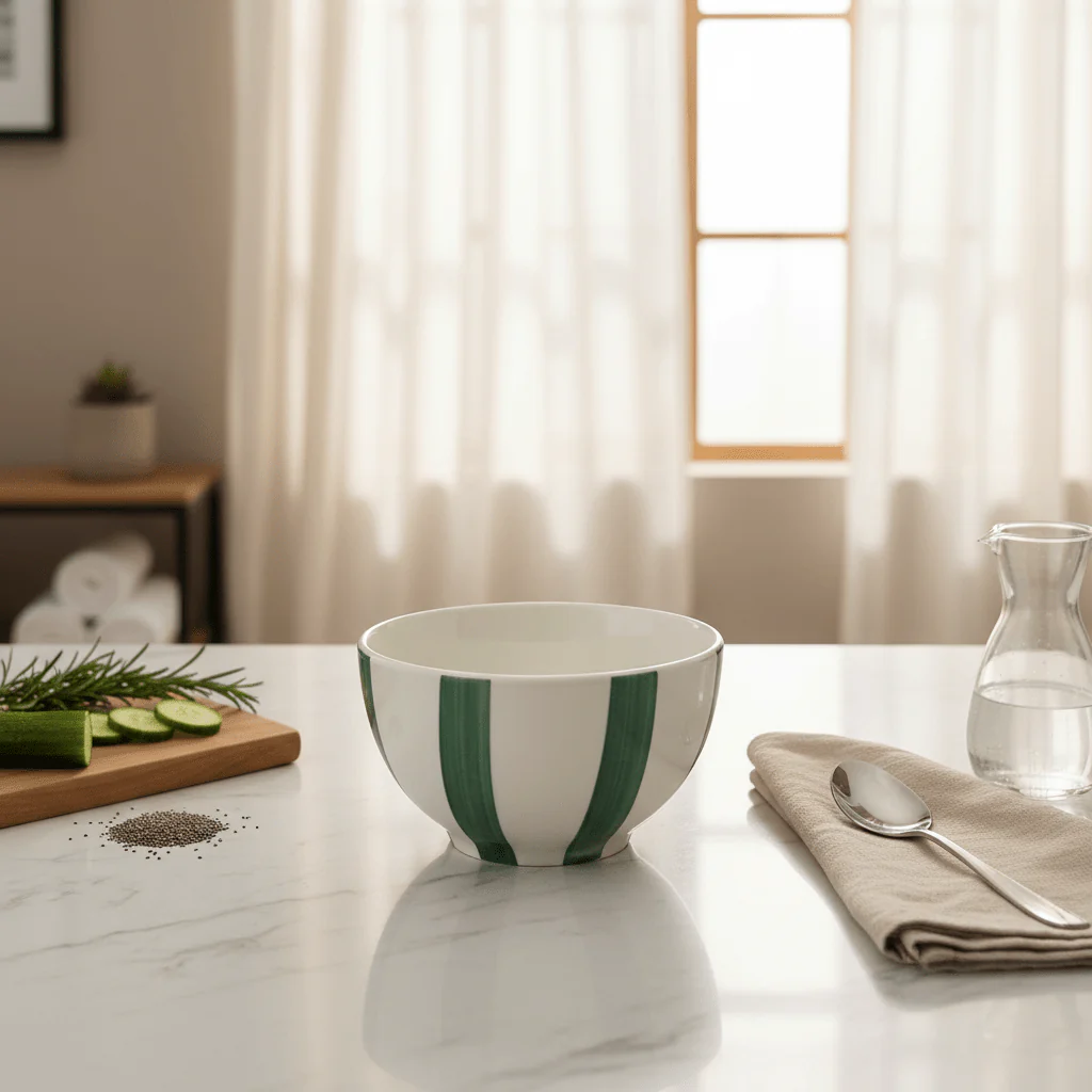 Luhpar Green Stripe Ceramic Bowl – 680 ml (White with Green Stripe) - Image 2