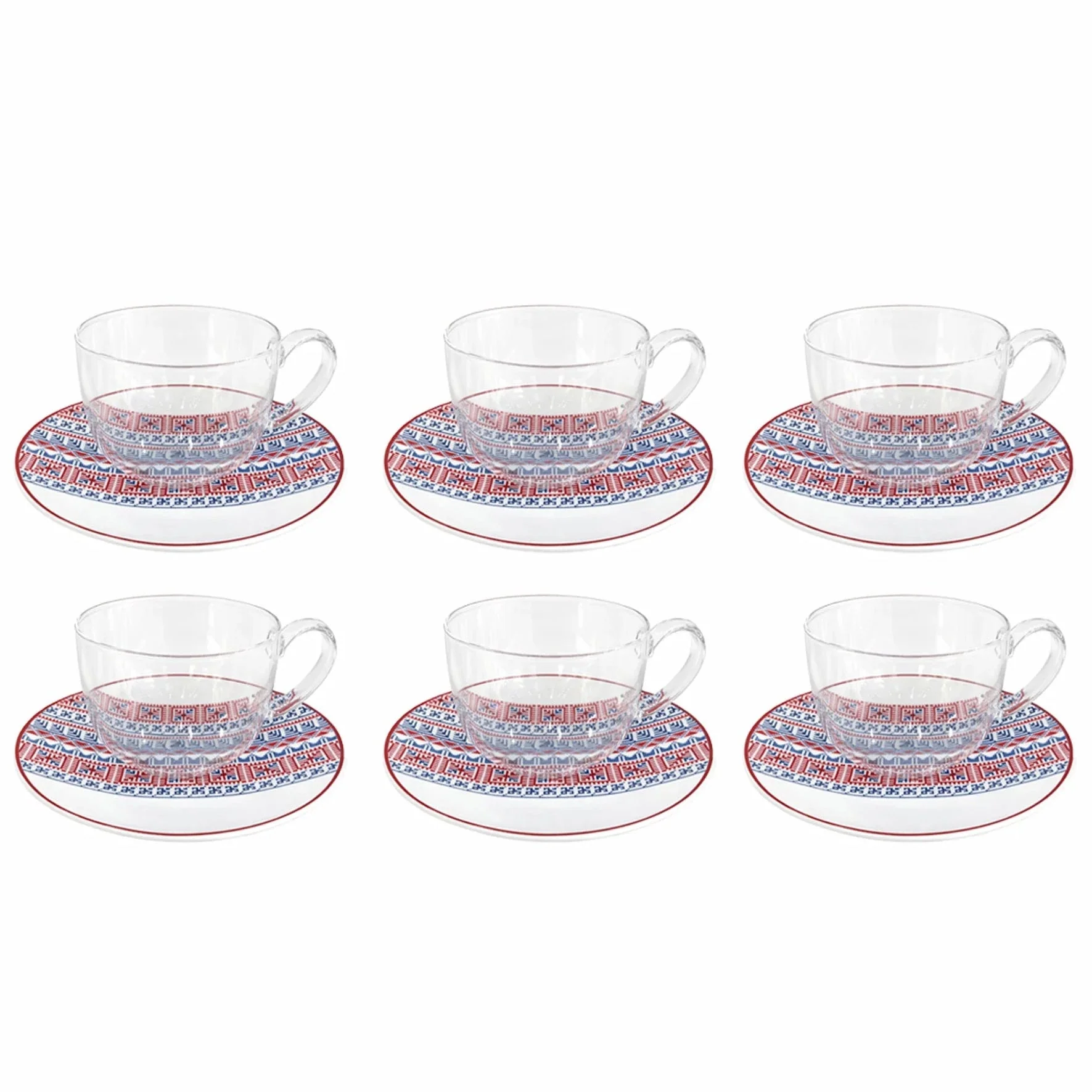 Luhpar M25074/CBA6/D25110 Tea Glass Cup & Saucer Set – 6-Piece – 180 ml – Red & Blue Arabic Pattern