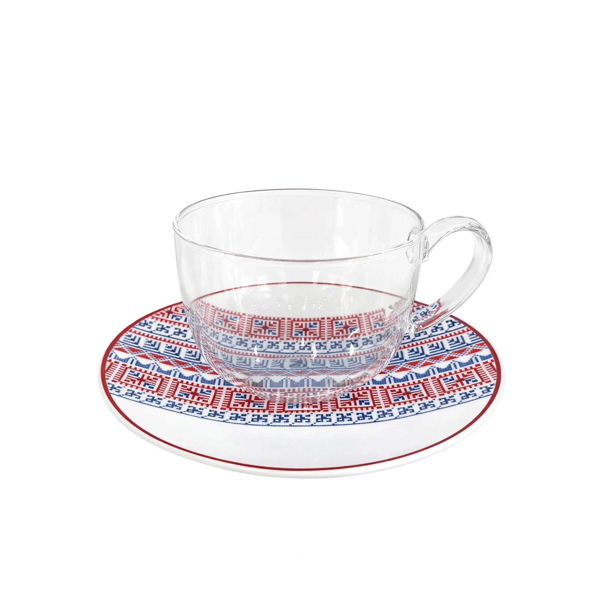Luhpar M25074/CBA6/D25110 Tea Glass Cup & Saucer Set – 6-Piece – 180 ml – Red & Blue Arabic Pattern - Image 2