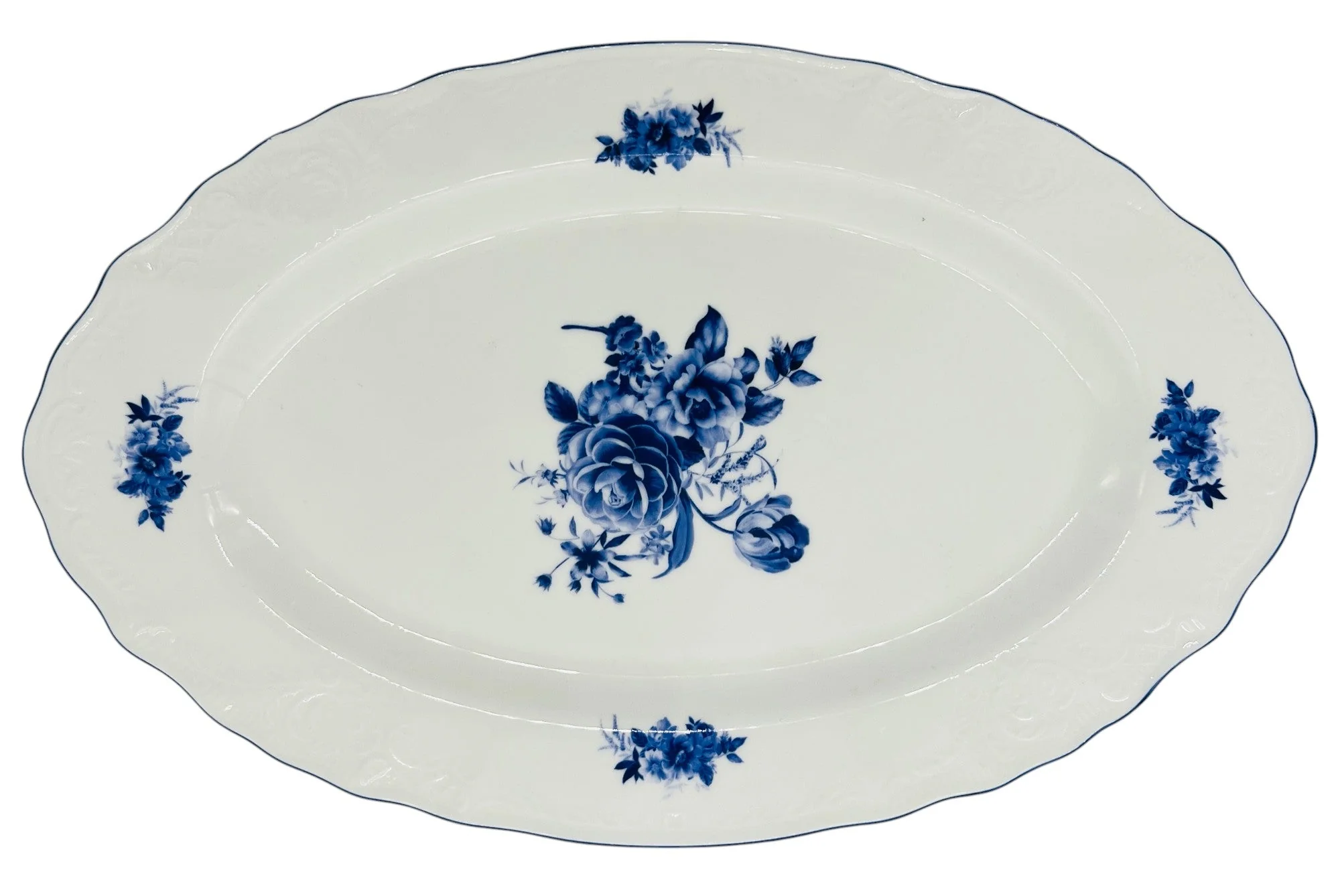 Luhpar Porcelain Oval Plate 14"*9", Blue Floral Design with Blue Rim