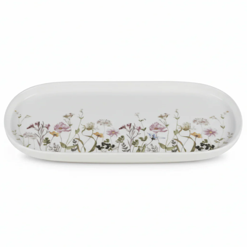 Luhpar Premium Floral Oval Ceramic Serving Plate – 33 cm, Elegant White Tableware with Flower Design