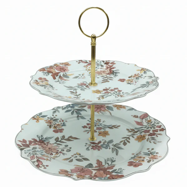Luhpar White Ceramic 2 Tier Cake Stand 7.5 / 10.5 Inch with Floral Design