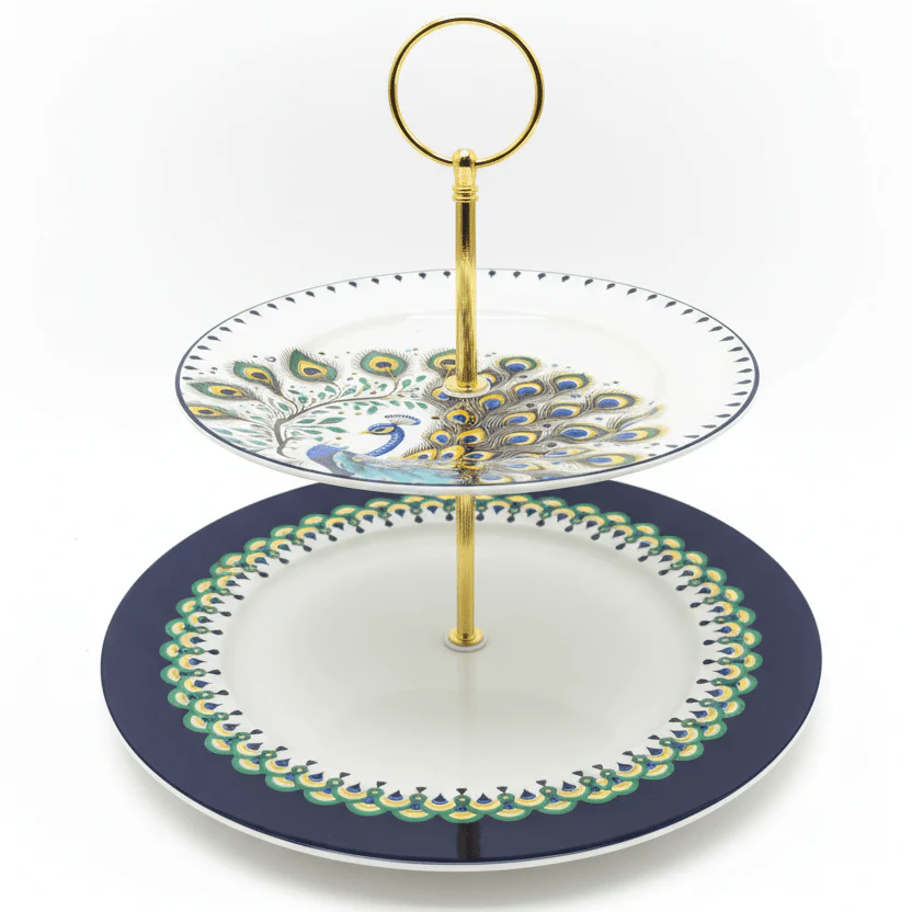 Luhpar White Ceramic 2 Tier Cake Stand 7.5 / 10.5 Inch with Peacock Design