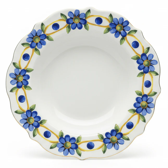 Luhpar White Ceramic Deep Serving Plate with Blue Floral Artwork – 9 Inch Pasta & Curry Plate