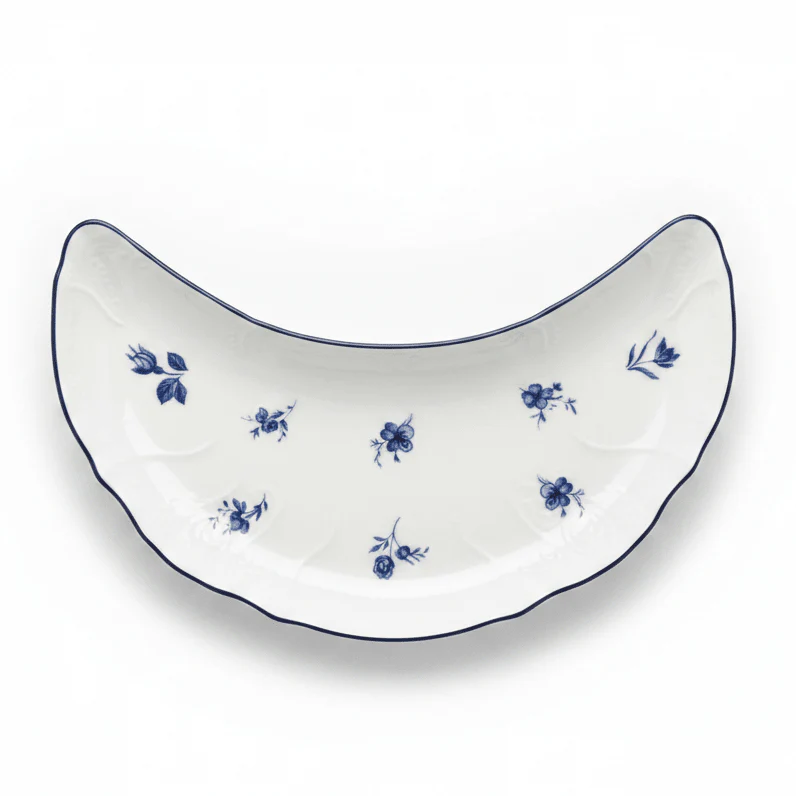Luhpar White Ceramic Moon Shaped Plate with Blue Floral Design for Unique Presentation 20 × 10 cm