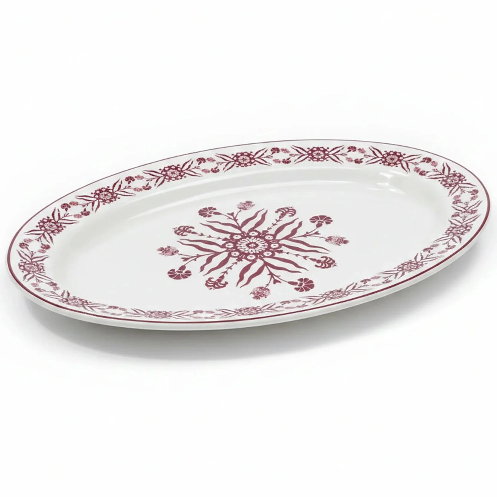 Luhpar White Ceramic Oval Plate with Decorative Red Floral Pattern – 12 Inch Serving Plate