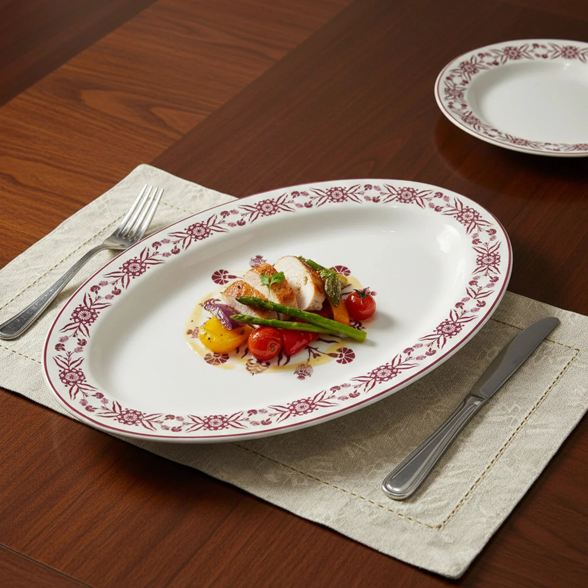 Luhpar White Ceramic Oval Plate with Decorative Red Floral Pattern – 12 Inch Serving Plate - Image 2