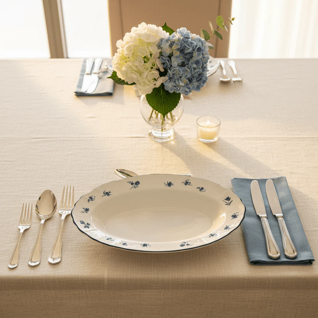 Luhpar White Oval Ceramic Plate with Blue Floral Design for Serving and Dining 9.75 inch - Image 2