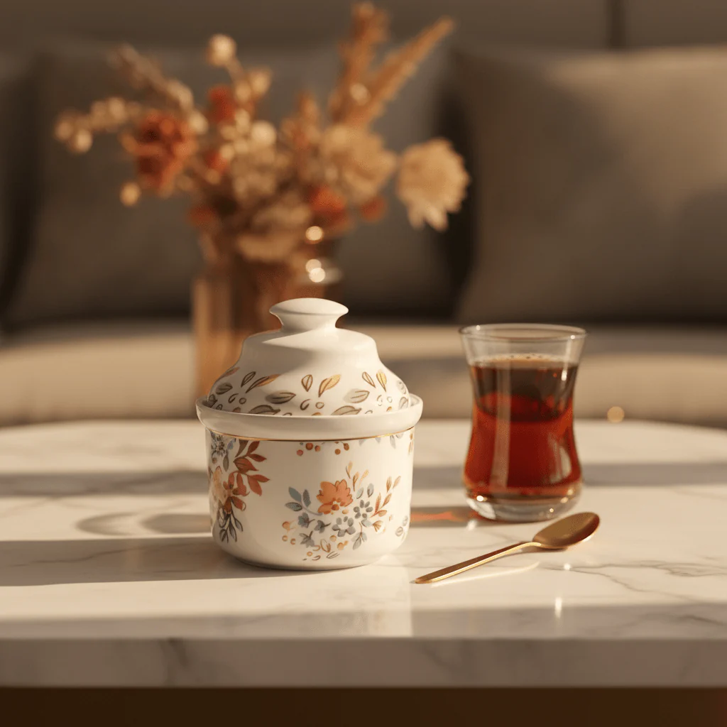 Luhpar Floral White Ceramic Sugar Pot with Decorative Lid for Tea, Coffee and Table Serving – 10 cm - Image 3