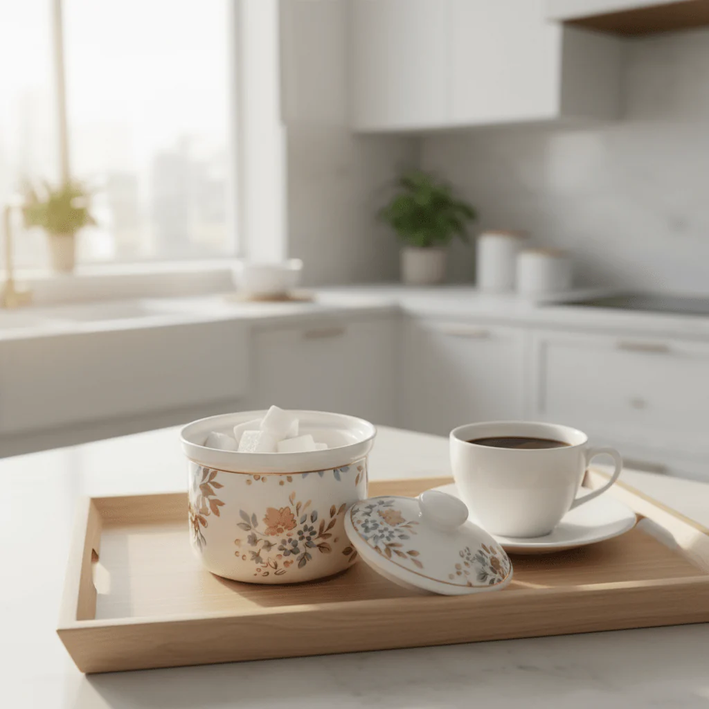 Luhpar Floral White Ceramic Sugar Pot with Decorative Lid for Tea, Coffee and Table Serving – 10 cm - Image 4