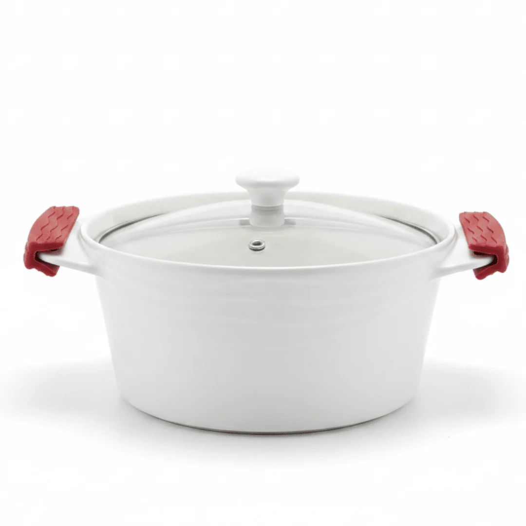 Luxehome Premium Round Ceramic Bakeware Dish with Glass Lid and Silicone Handles – Oven-Safe Cooking Dish (2.1 L)