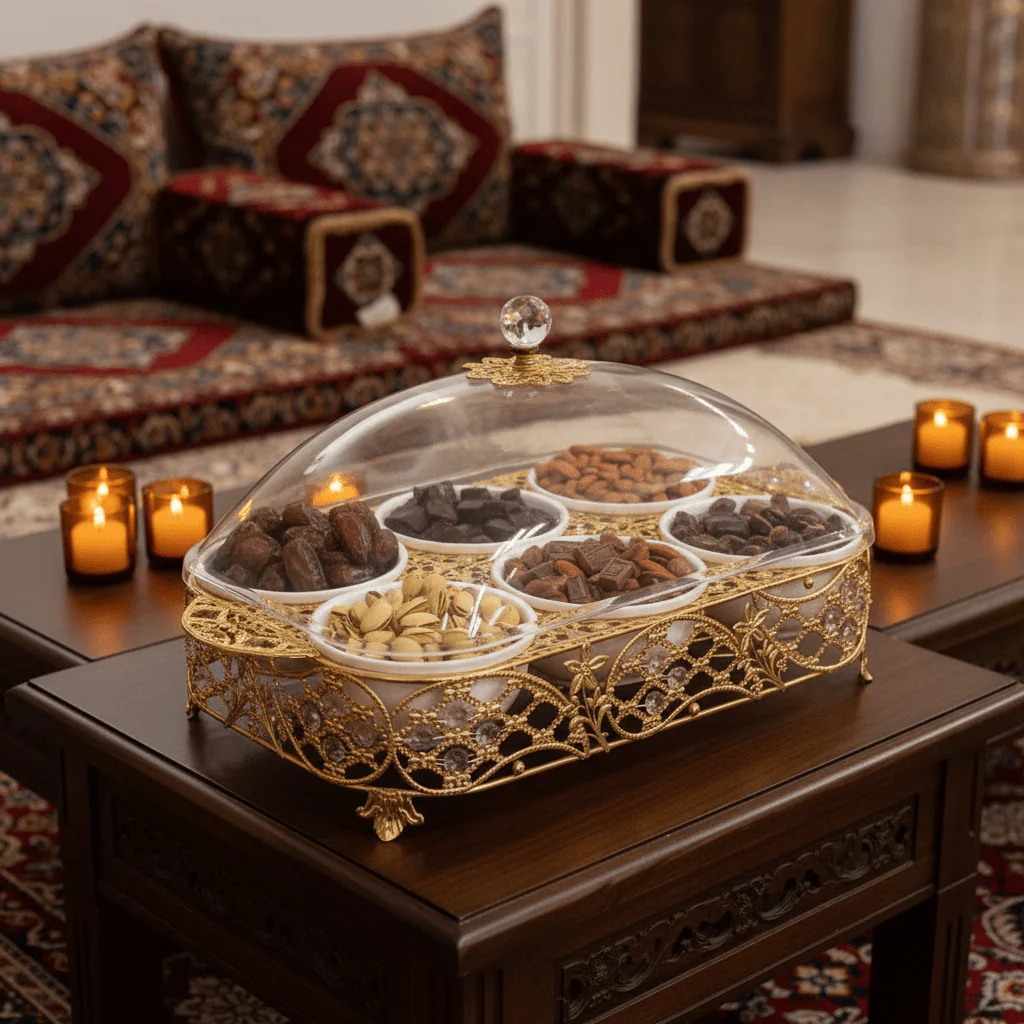 Luxury 6-Section White Ceramic Candy Serving Bowl with Premium Gold Metal Holder & Decorative Lid for Chocolates Nuts Dates and Dry Fruits – Elegant Majlis Table Display Tray 40×27 cm - Image 3