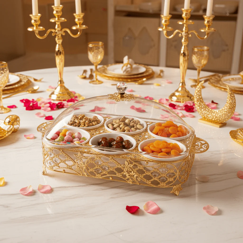 Luxury 6-Section White Ceramic Candy Serving Bowl with Premium Gold Metal Holder & Decorative Lid for Chocolates Nuts Dates and Dry Fruits – Elegant Majlis Table Display Tray 40×27 cm - Image 4