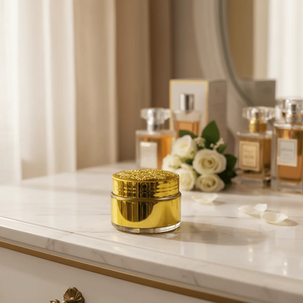 Luxury Embossed Glass & Plastic Jar — 8×6cm - Gold / Silver / Brown - Image 2