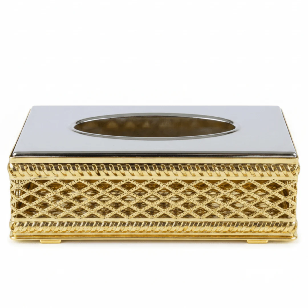 Luxury Gold & Silver Metal Tissue Box Holder with Elegant Decorative Pattern – Premium Tabletop Tissue Organizer 22×12 cm