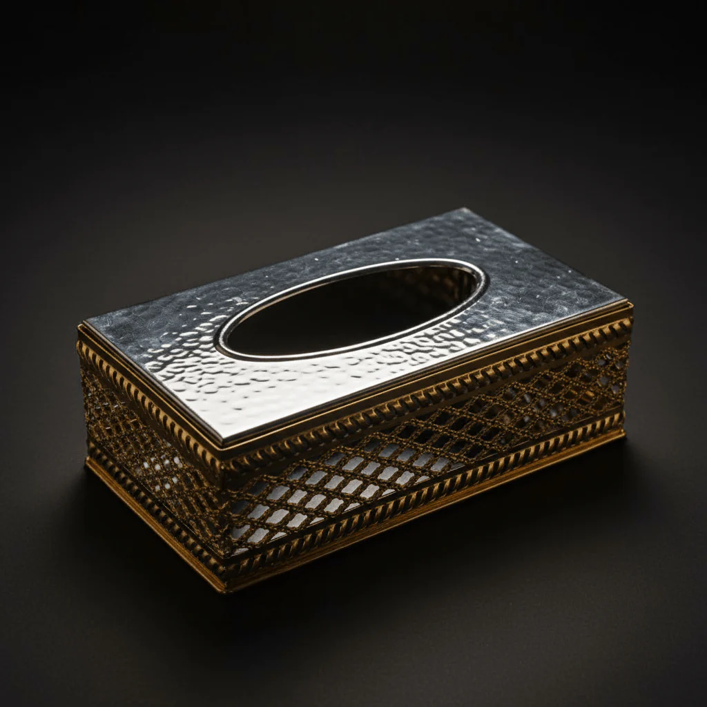 Luxury Gold & Silver Metal Tissue Box Holder with Elegant Decorative Pattern – Premium Tabletop Tissue Organizer 22×12 cm - Image 4