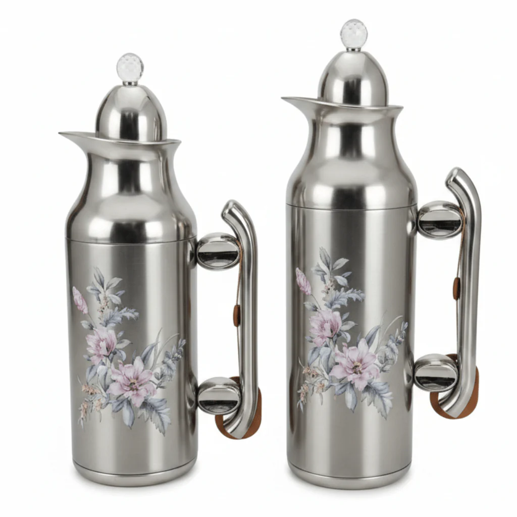 Mahra Vacuum Flask Set – 1L & 0.7L | Nickel with Shiny Silver Floral