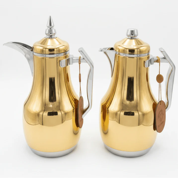 Mahra Luxury Gold & Silver Thermal Flask Set with Double Wall Insulation for Hot & Cold Beverages – 1L + 1L