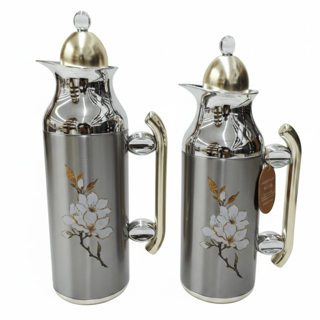 Mahra Vacuum Flask Set | 1L + 0.7L | Silver with Gold & Magnolia