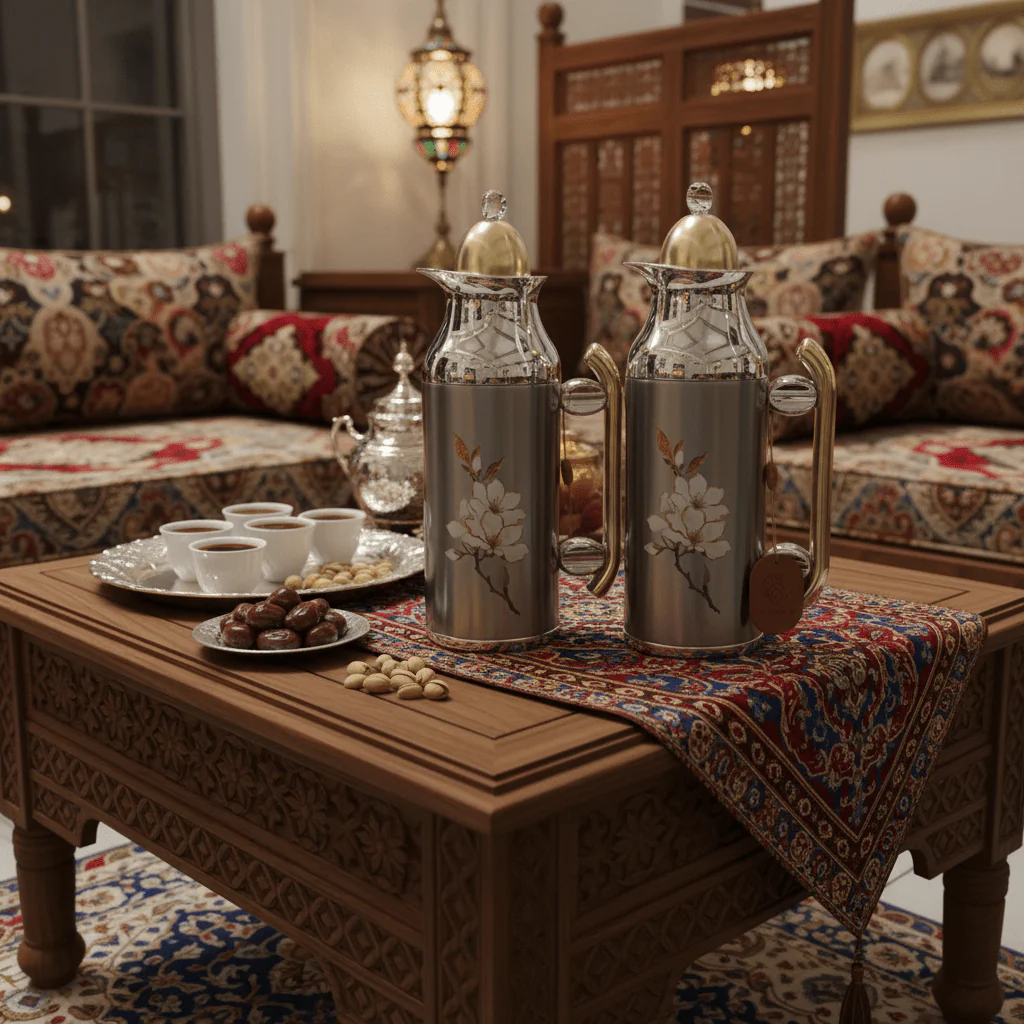 Mahra Vacuum Flask Set | 1L + 0.7L | Silver with Gold & Magnolia - Image 3