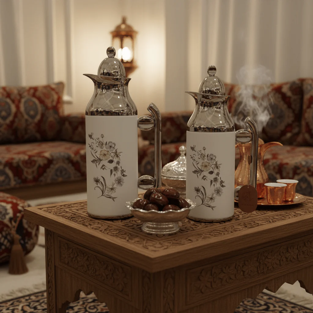 Mahra Vacuum Flask Set | 1L + 0.7L | White & Silver | Floral Edition - Image 2