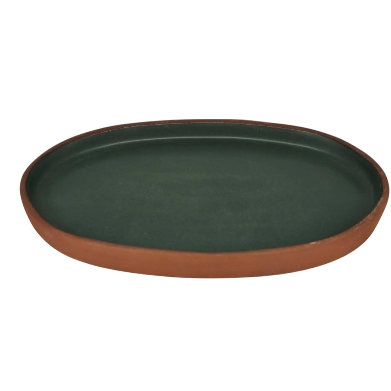 Maria Terracotta Oval Clay Tray Oven Microwave Dishwasher & Freezer Safe-19cmX13cm-(Clay&Green)