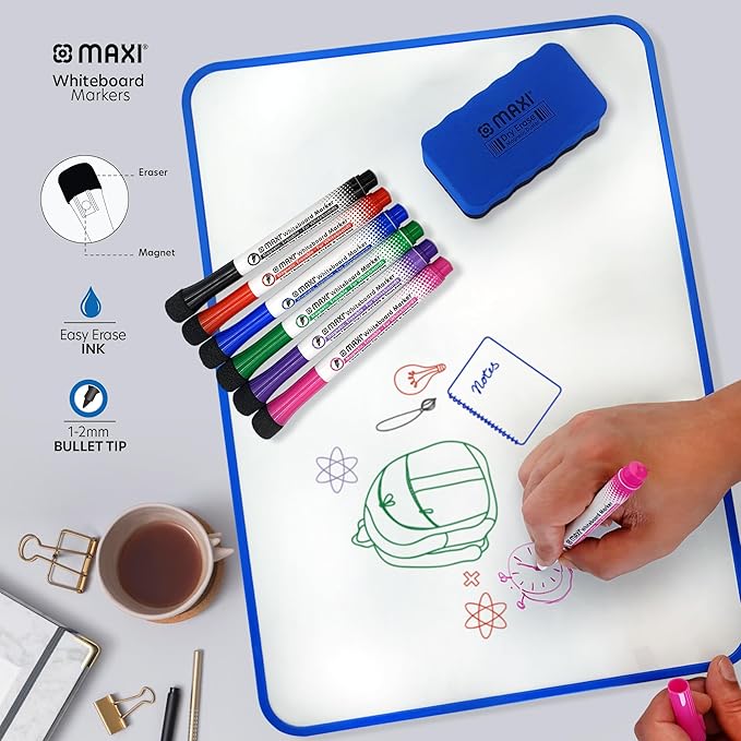 MAXI 2 Sided Blue Whiteboard A4  + 4pcs  Colour Markers + 1pc Duster