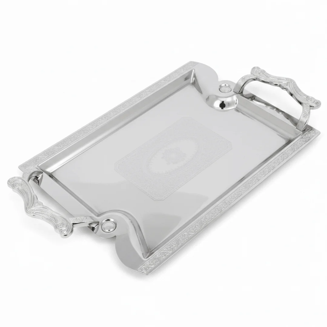 Maximan Silver Stainless Steel Serving Tray with Handles | 33.5 × 23.5 cm | Ornate Engraved Design