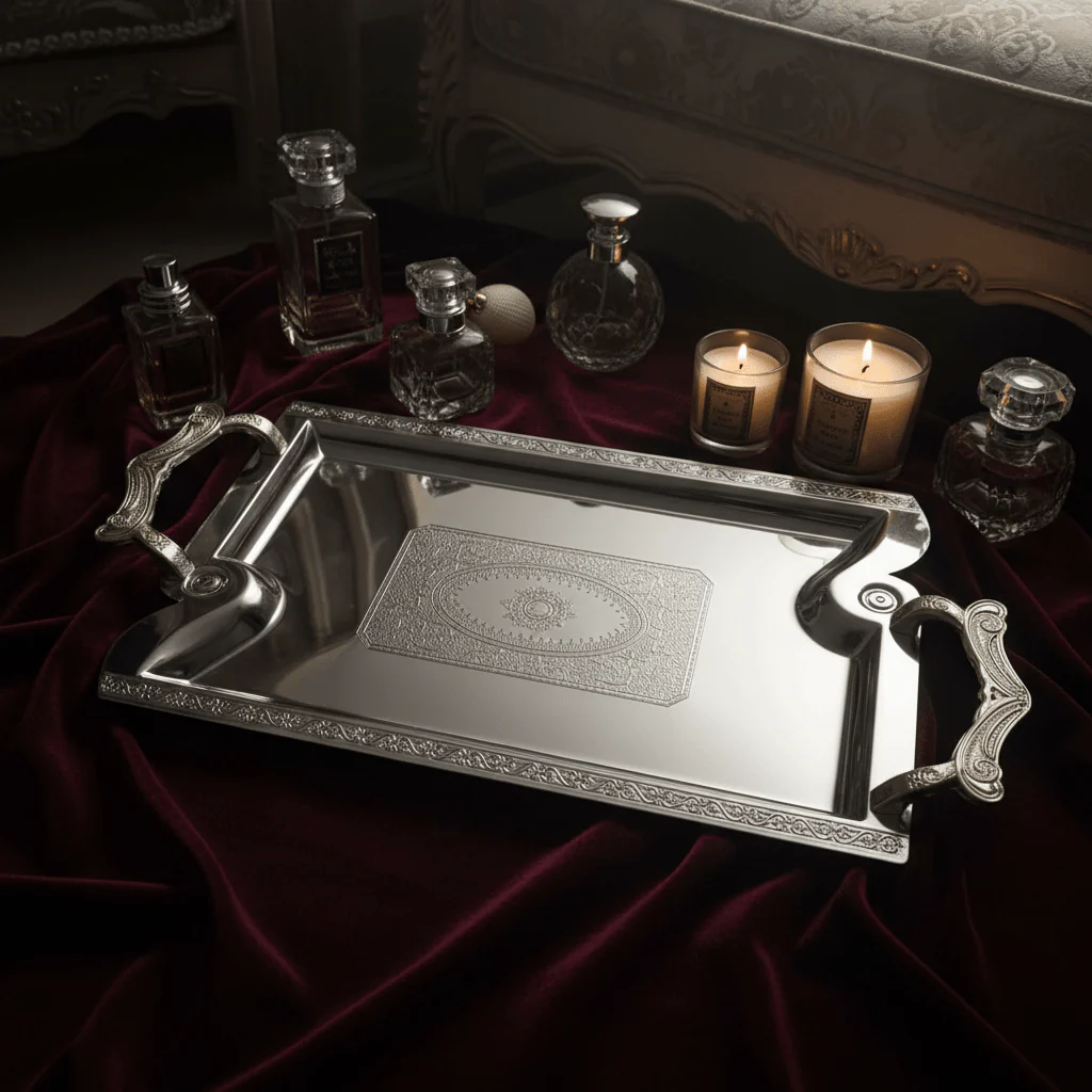 Maximan Silver Stainless Steel Serving Tray with Handles | 33.5 × 23.5 cm | Ornate Engraved Design - Image 3