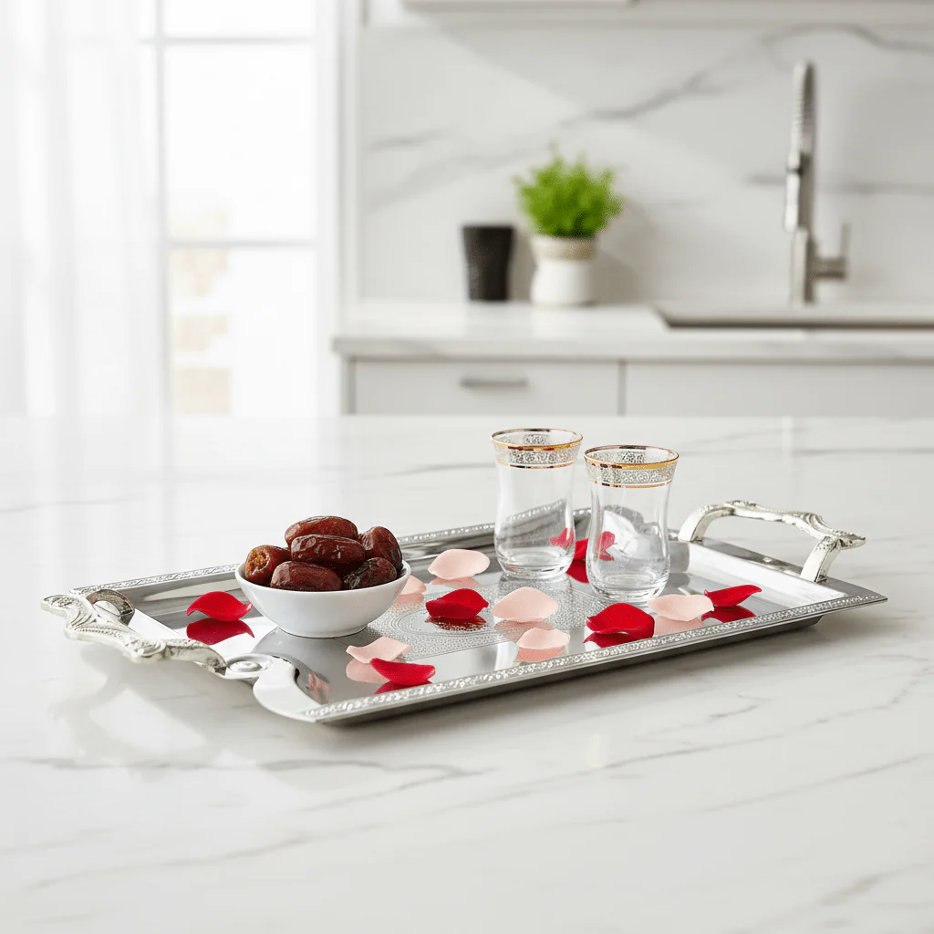 Maximan Silver Stainless Steel Serving Tray with Handles | 33.5 × 23.5 cm | Ornate Engraved Design - Image 4