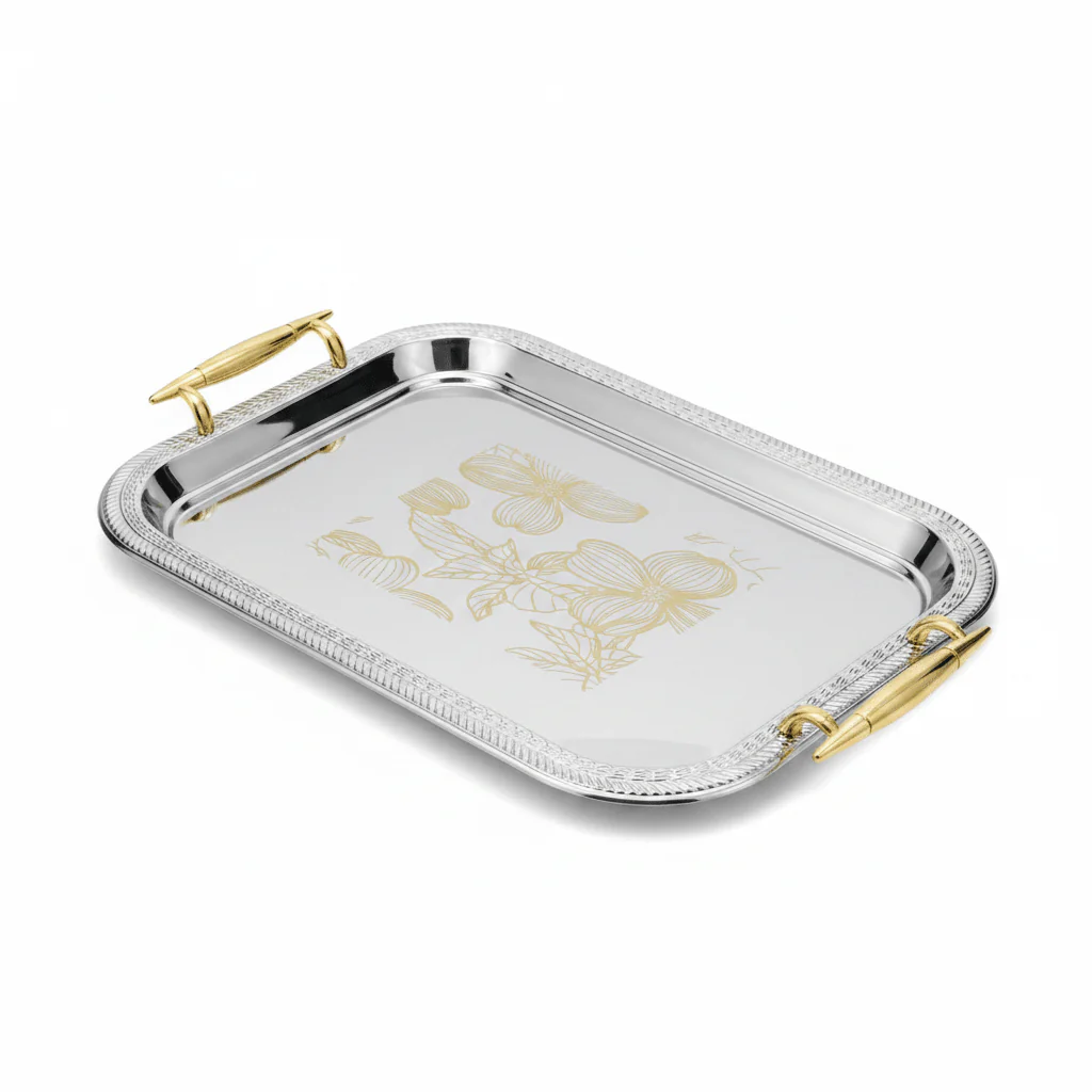 Maximan Premium Silver & Gold Stainless Steel Serving Tray with Handles — 40×29 cm - Image 3