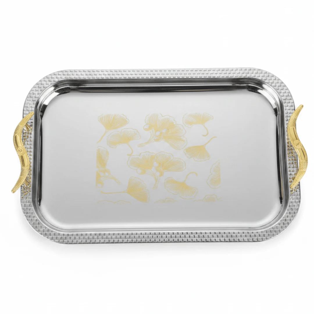 Maximan Luxury Silver & Gold Stainless Steel Serving Tray with Gold Bird Handles | 40×29 cm