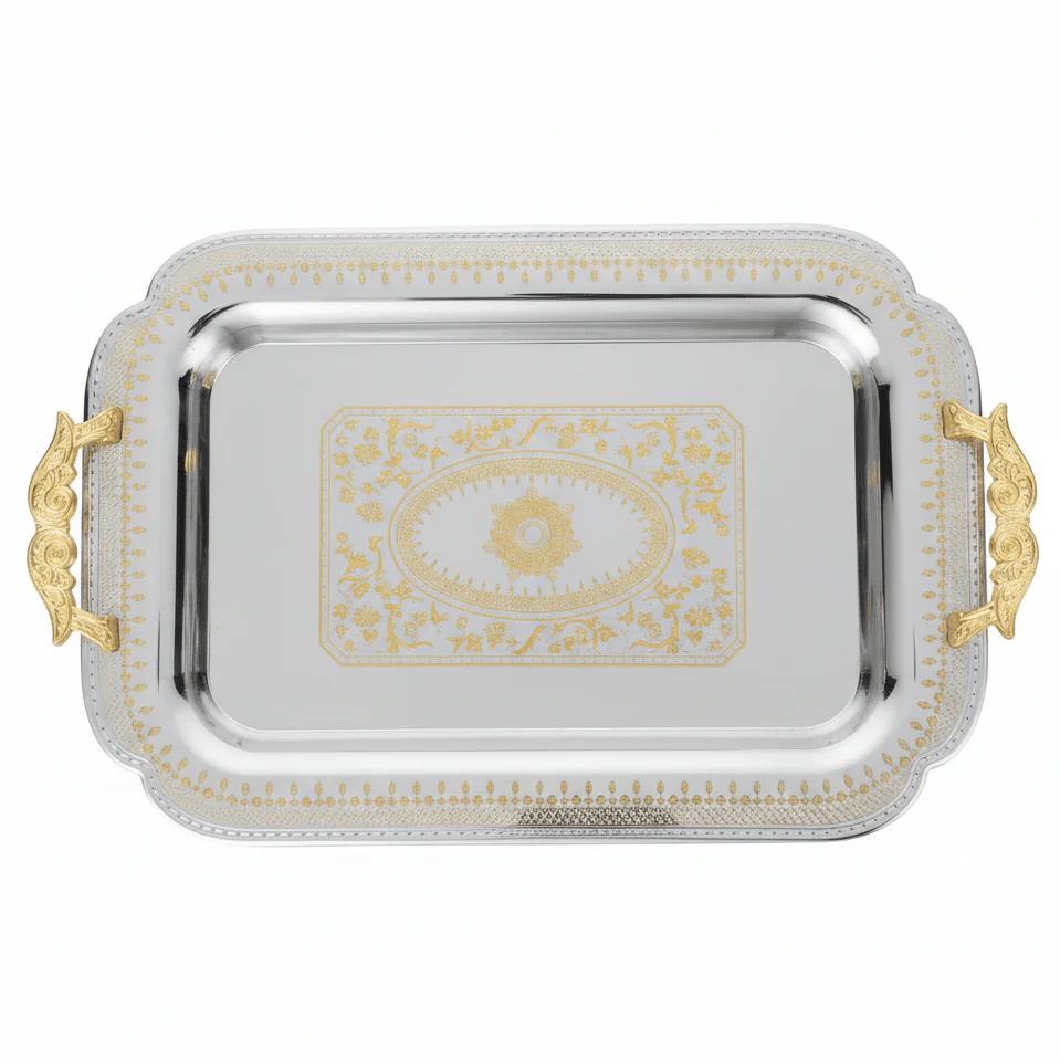Maximan Luxury Silver & Gold Stainless Steel Serving Tray with Handles — 49×34 cm