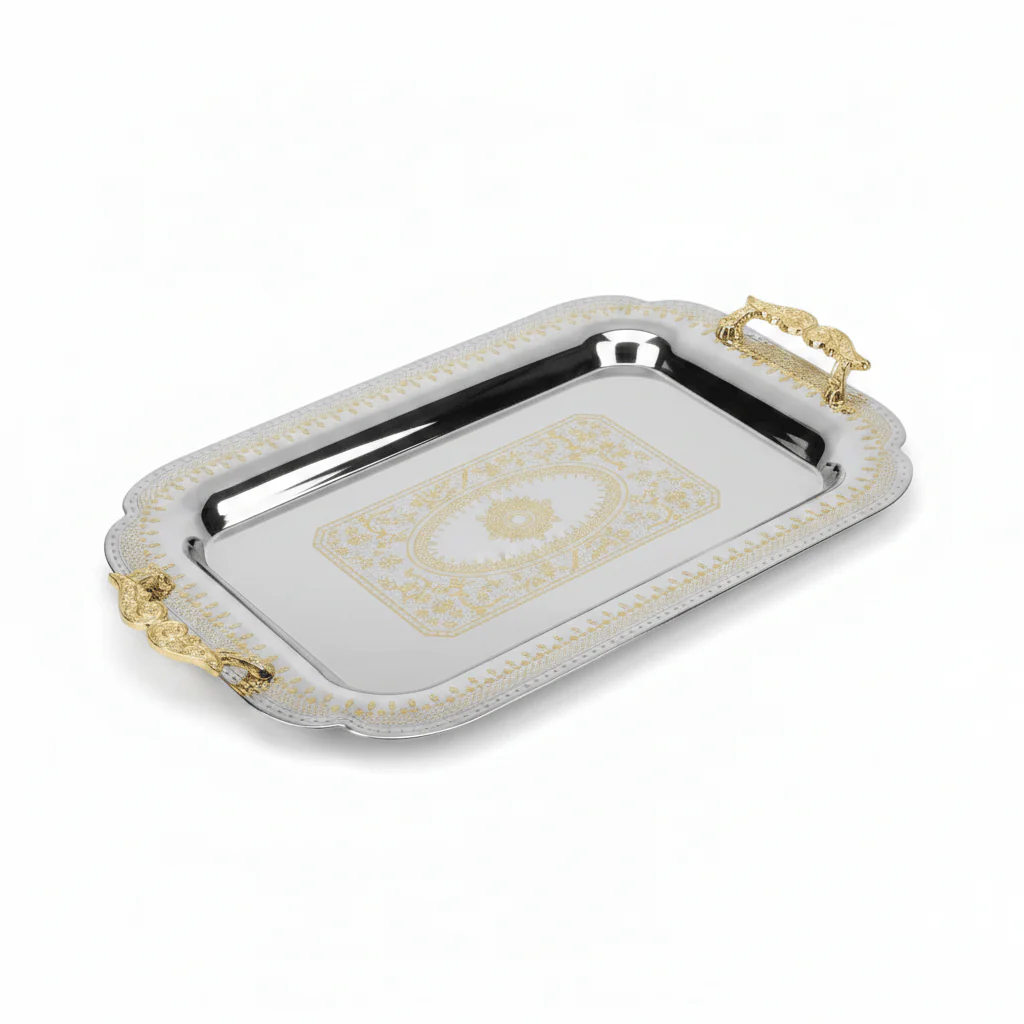 Maximan Luxury Silver & Gold Stainless Steel Serving Tray with Handles — 49×34 cm - Image 3