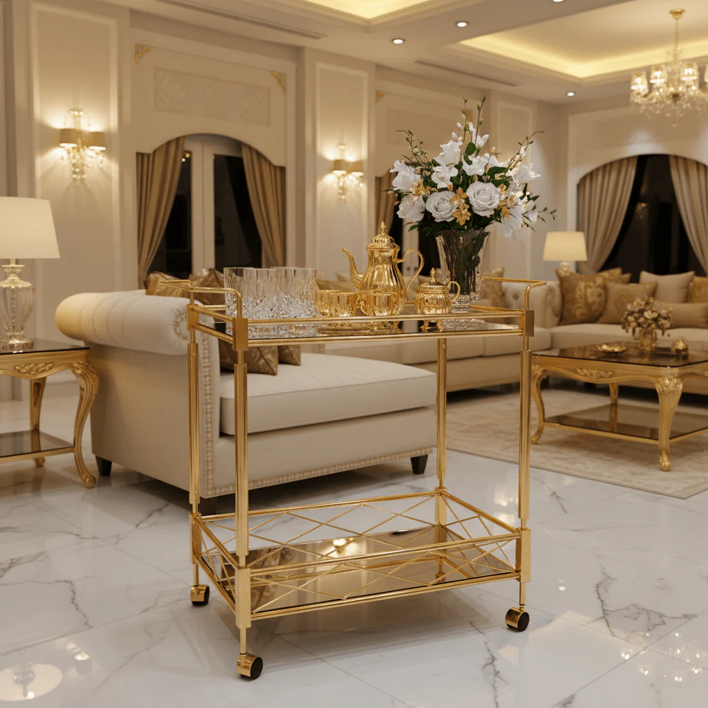 MayFlower 2-Tier Gold Metal & Glass Serving Trolley | Luxury Cart with Diamond Lattice Shelf & Caster Wheels | 70×65×40 cm | - Image 2