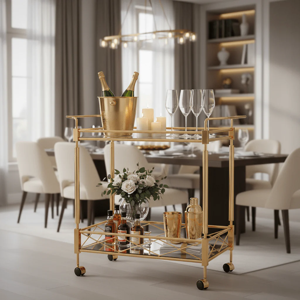 MayFlower 2-Tier Gold Metal & Glass Serving Trolley | Luxury Cart with Diamond Lattice Shelf & Caster Wheels | 70×65×40 cm | - Image 3