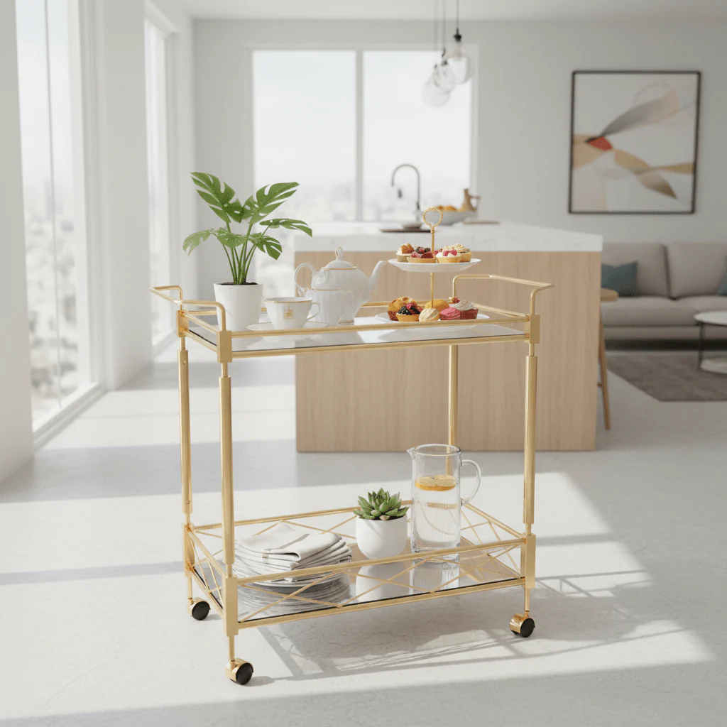 MayFlower 2-Tier Gold Metal & Glass Serving Trolley | Luxury Cart with Diamond Lattice Shelf & Caster Wheels | 70×65×40 cm | - Image 4