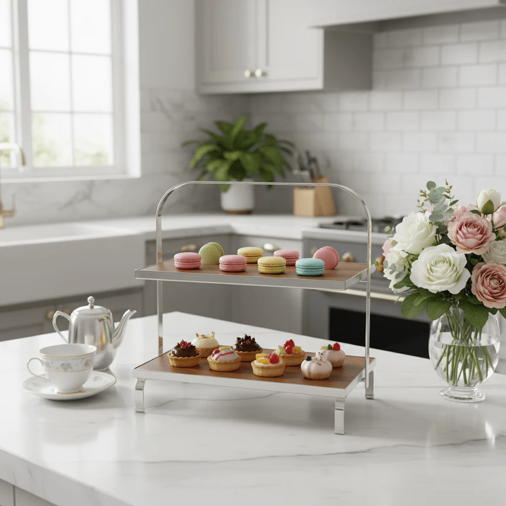May Flower 2-Tier Rectangle Wooden Cake Stand | Silver Stainless Steel Frame | 26×15cm - Image 2