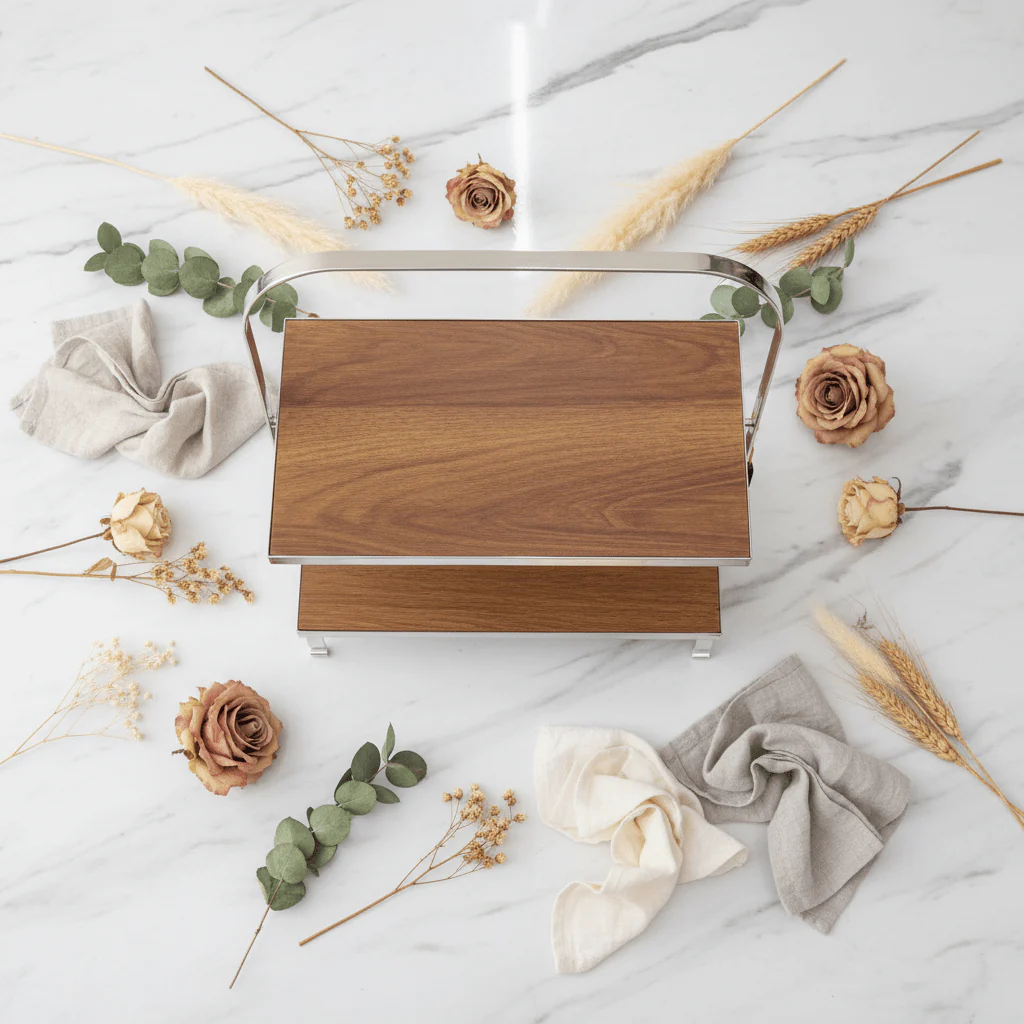 May Flower 2-Tier Rectangle Wooden Cake Stand | Silver Stainless Steel Frame | 26×15cm - Image 4