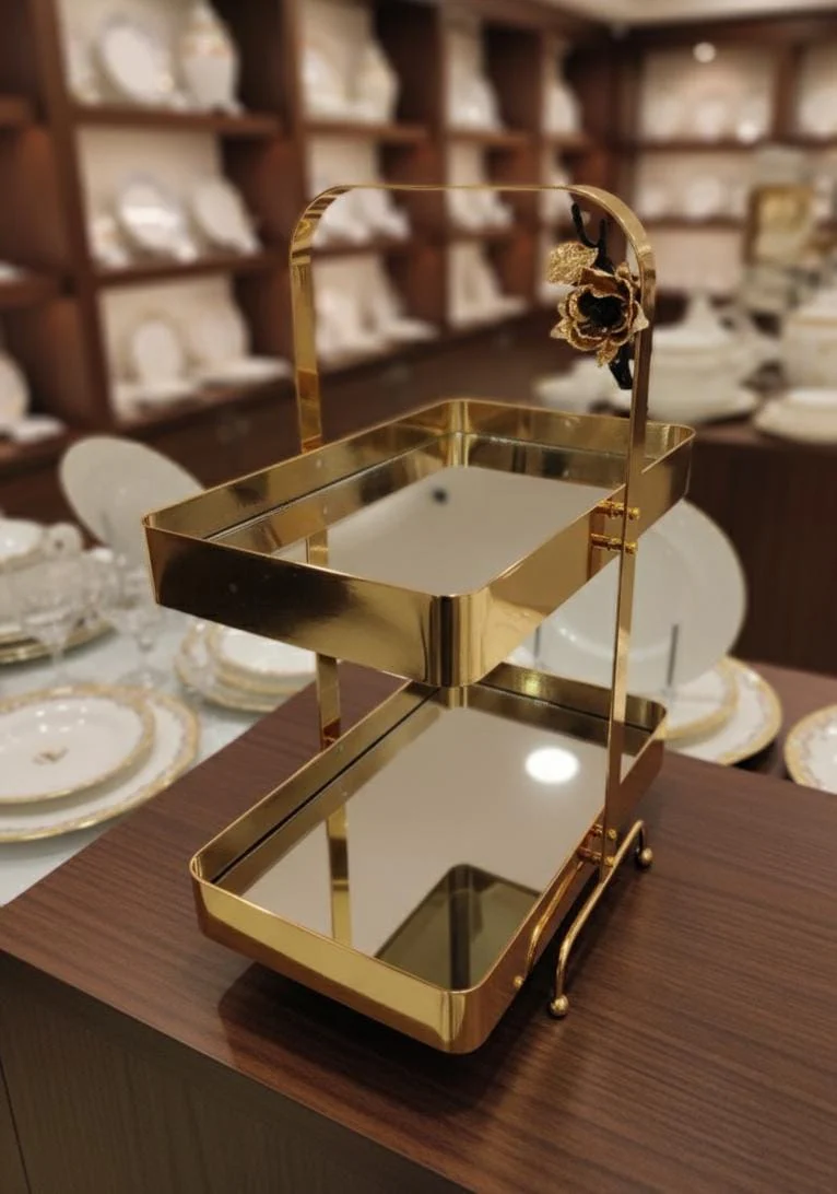 MAY FLOWER 2-Tier Rectangular Mirror Serving Tray with Gold Finish – Elegant Dessert and Snack Stand for Parties, Weddings, or Home Decoration 40x30x18 cm