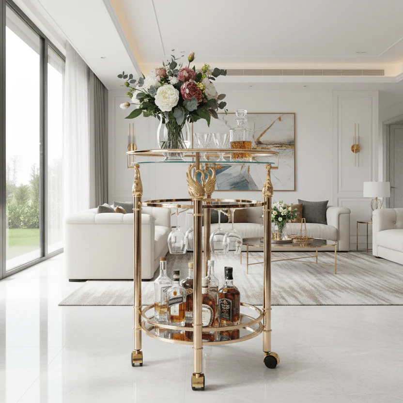 MayFlower 2-Tier Rose Gold Metal & Glass Serving Trolley with Swan Ornament | Rolling Bar Cart | Wine Glass Holder | 83*57cm | - Image 3