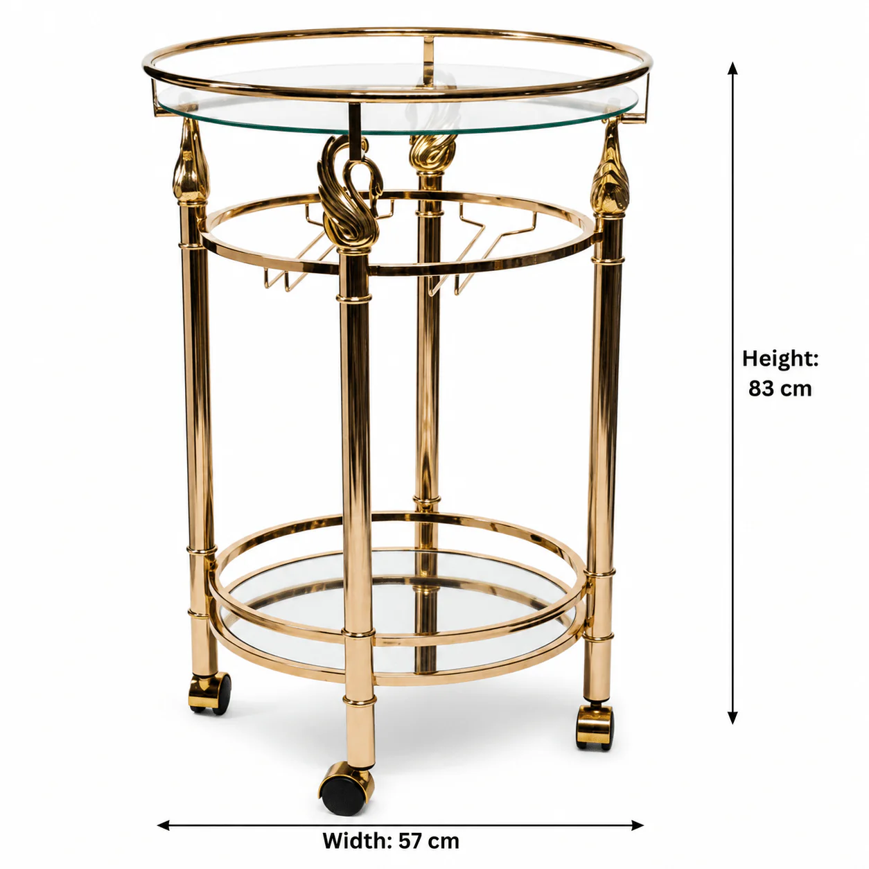 MayFlower 2-Tier Rose Gold Metal & Glass Serving Trolley with Swan Ornament | Rolling Bar Cart | Wine Glass Holder | 83*57cm | - Image 4