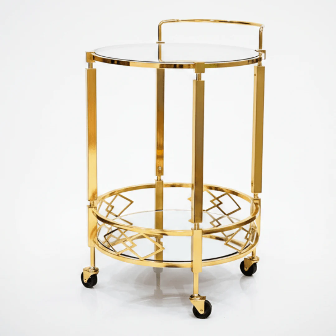 MayFlower 2-Tier Round Gold Metal & Glass Serving Trolley | Cart with Geometric Diamond Design &amp; Swivel Caster Wheels | 67×48 cm | Luxury Home &amp; Majlis Decor