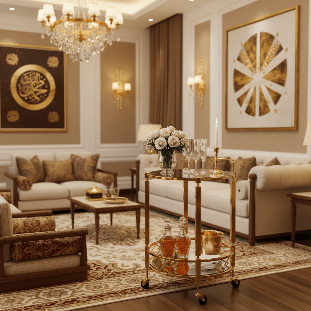 MayFlower 2-Tier Round Gold Metal & Glass Serving Trolley | Cart with Geometric Diamond Design &amp; Swivel Caster Wheels | 67×48 cm | Luxury Home &amp; Majlis Decor - Image 2