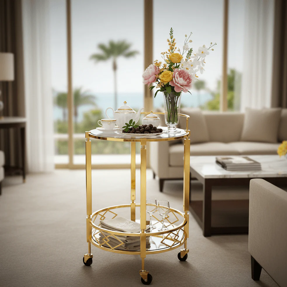 MayFlower 2-Tier Round Gold Metal & Glass Serving Trolley | Cart with Geometric Diamond Design &amp; Swivel Caster Wheels | 67×48 cm | Luxury Home &amp; Majlis Decor - Image 3
