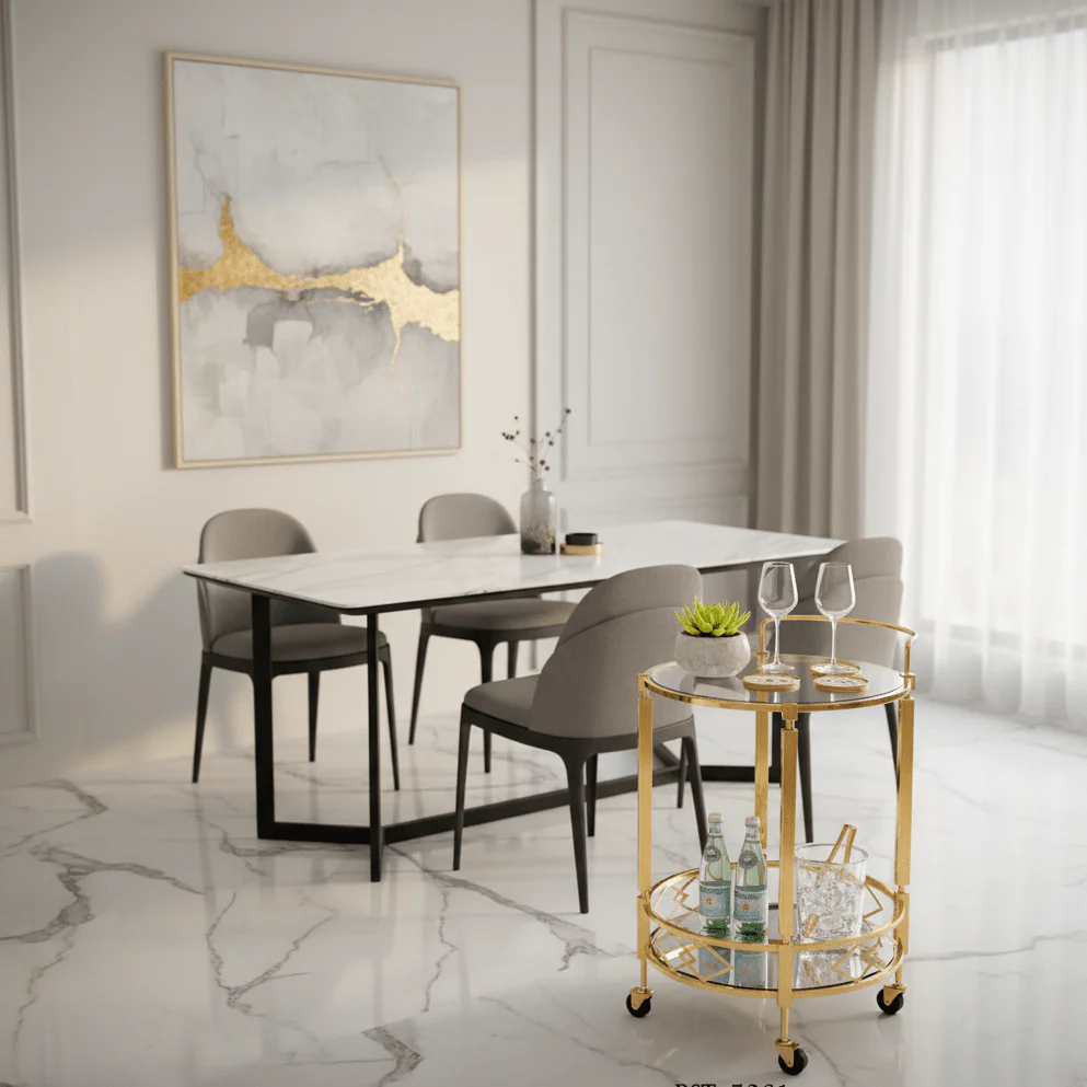 MayFlower 2-Tier Round Gold Metal & Glass Serving Trolley | Cart with Geometric Diamond Design &amp; Swivel Caster Wheels | 67×48 cm | Luxury Home &amp; Majlis Decor - Image 4