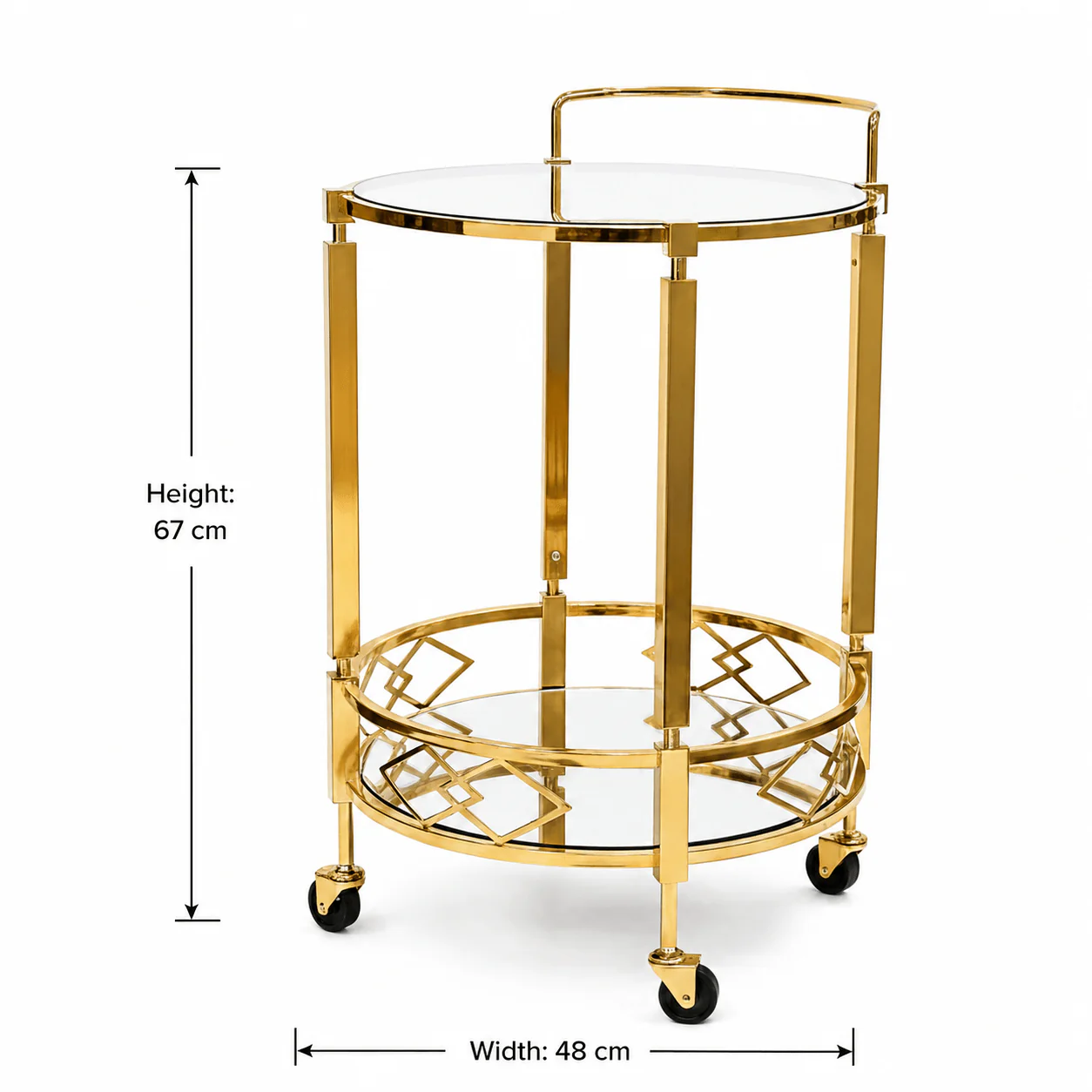 MayFlower 2-Tier Round Gold Metal & Glass Serving Trolley | Cart with Geometric Diamond Design &amp; Swivel Caster Wheels | 67×48 cm | Luxury Home &amp; Majlis Decor - Image 5